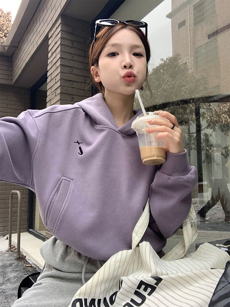Women Purple Hooded American Sweatshirt Thickened Loose Fit