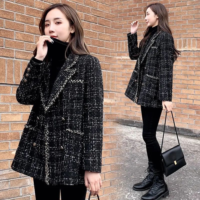 Women’s Loose Plaid Woolen Tweed Jacket 2025