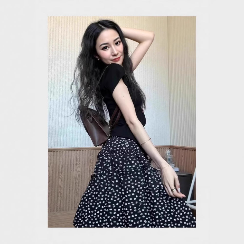 Black Floral High-Waist A-Line Skirt – Korean Summer Chic