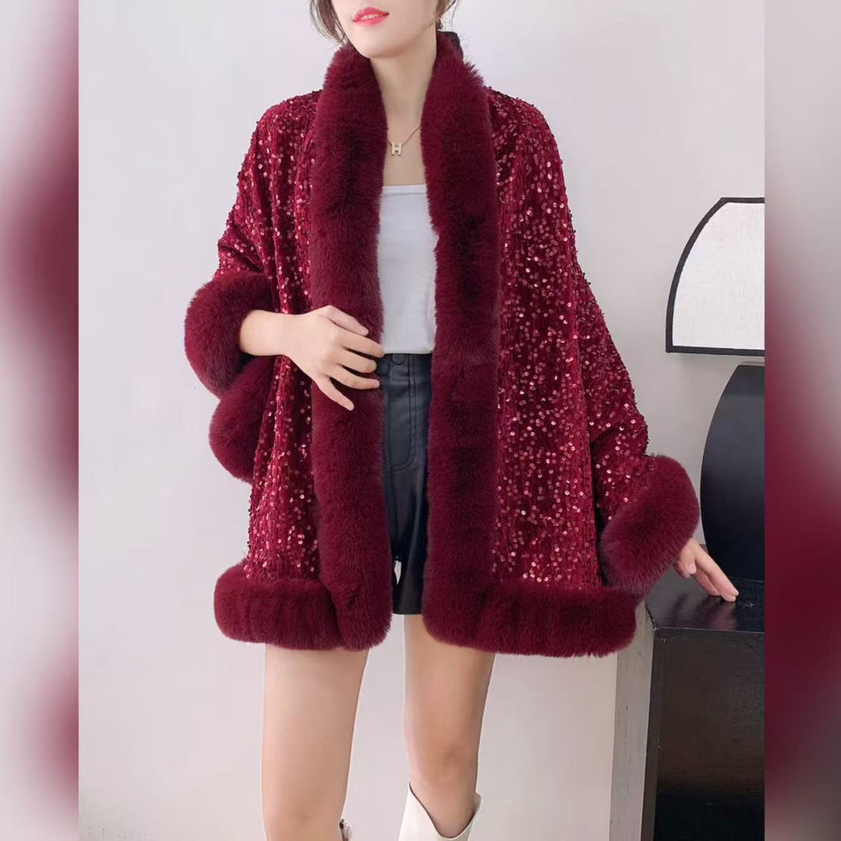 Thickened Fleece-Lined Fur Collar Sequin Shawl Cape