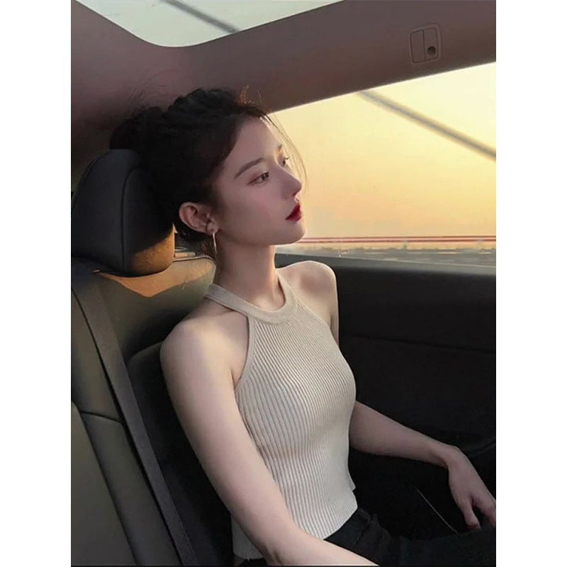 Women's French-Style Halter Neck Knitted Sling Top – Elegant & Chic
