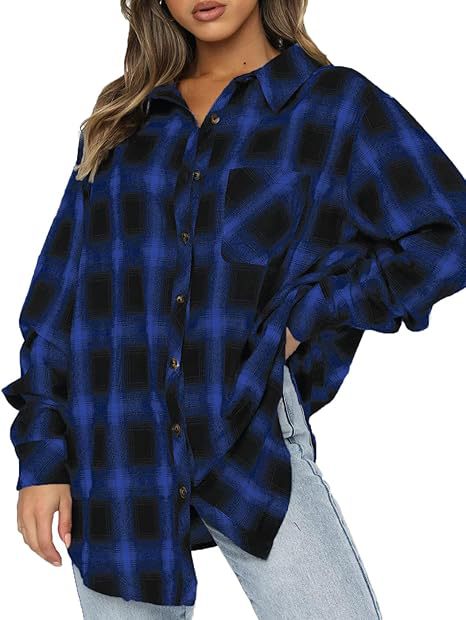 Cross Border Women's Buckle Flannel Plaid Long Sleeve Shirt
