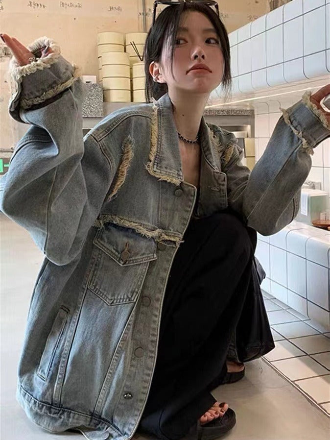 Retro Distressed Denim Jacket for Women