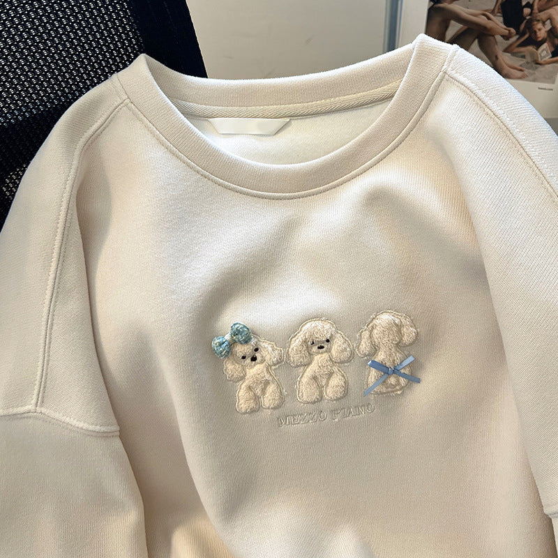 Puppy Embroidered Plus Velvet Sweatshirt