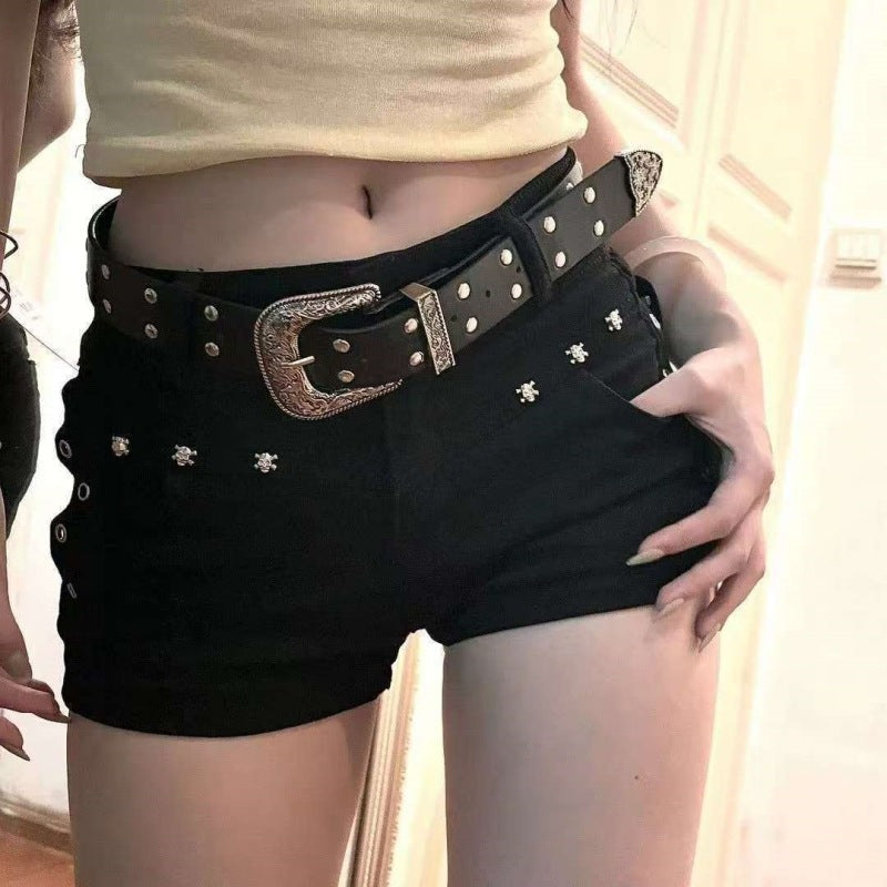 Y2K Low Waist Black Denim Hot Pants Rivet Style Women