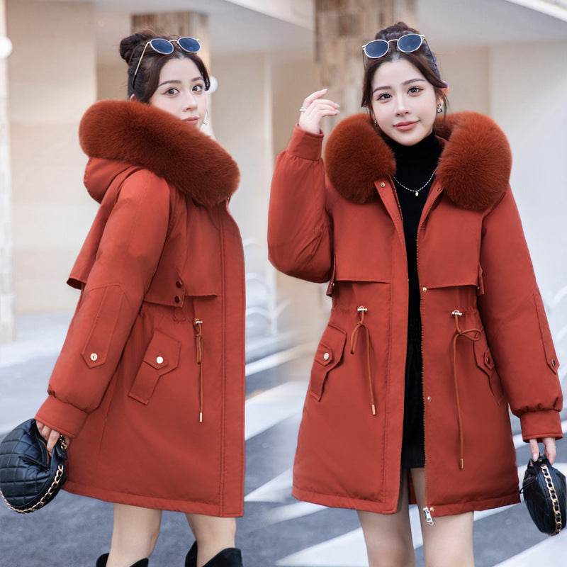 Plus-Size 6XL Mid-Length Cotton Coat with Fur Collar
