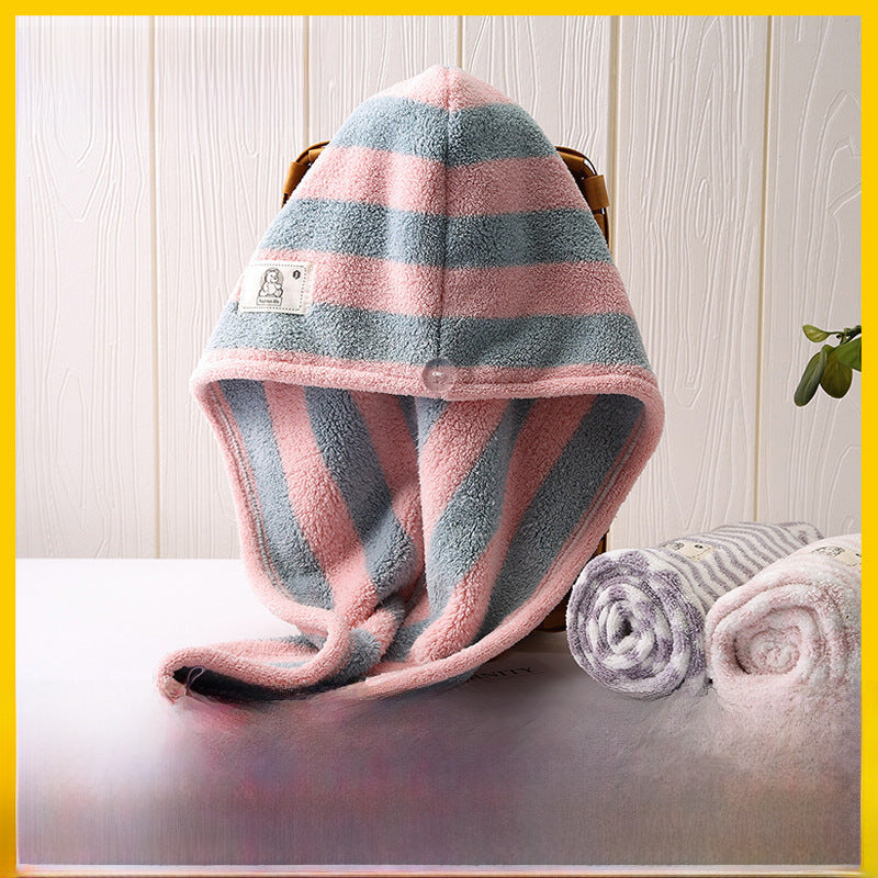 Striped Coral Fleece Hair Towel Cap – Quick Dry