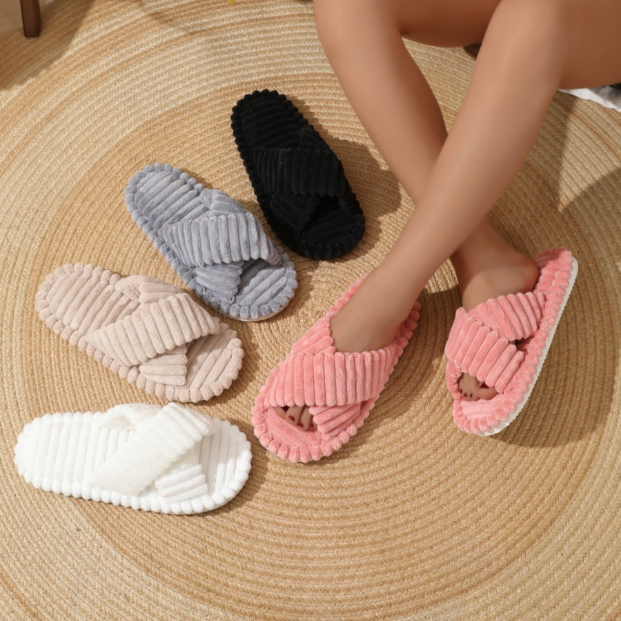 Furry Cross-Strap Cotton Slippers