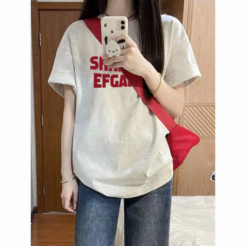 Korean-Style Cotton Letter Print T-Shirt