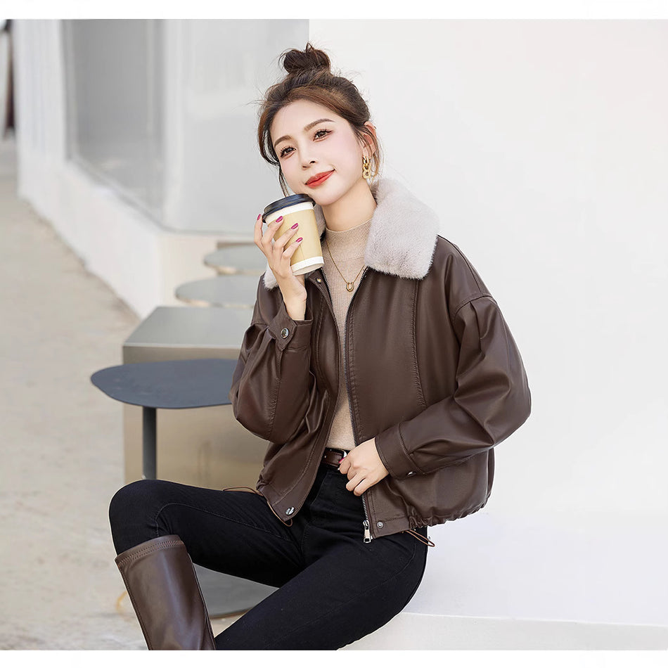 Women’s Fur Collar Fleece PU Biker Jacket