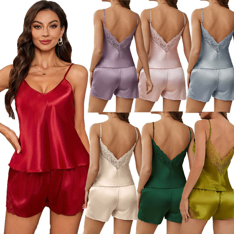 Silk Lace Pajama Set – Sling Top & Shorts for Women