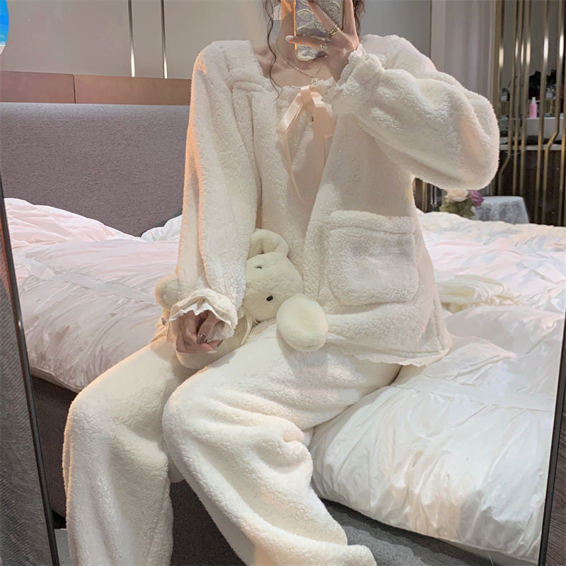 Women’s Lace Flannel Pajamas Set – Sweet Winter Nightwear