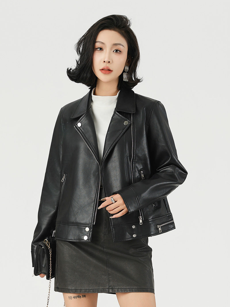 Women’s Short Suit Collar Leather Jacket