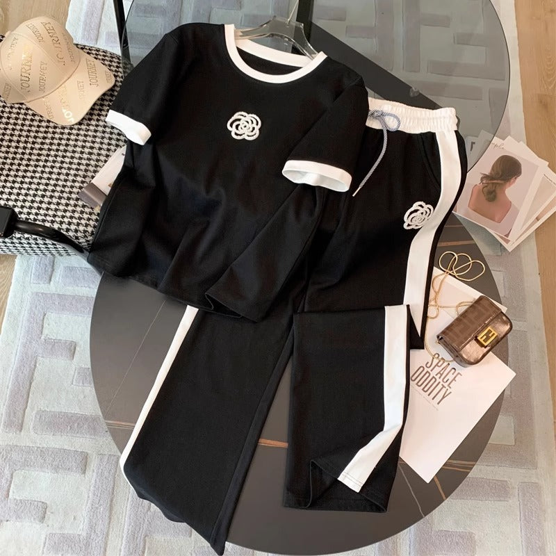 Summer Fashion Sweat Set – Wide-Leg 2pc Streetwear
