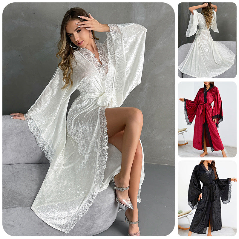 Velvet Lace Patchwork Bell-Sleeve Nightgown