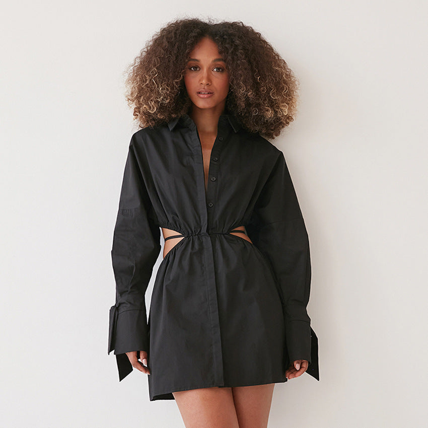 Hollow-Out Black Cotton Slim Dress