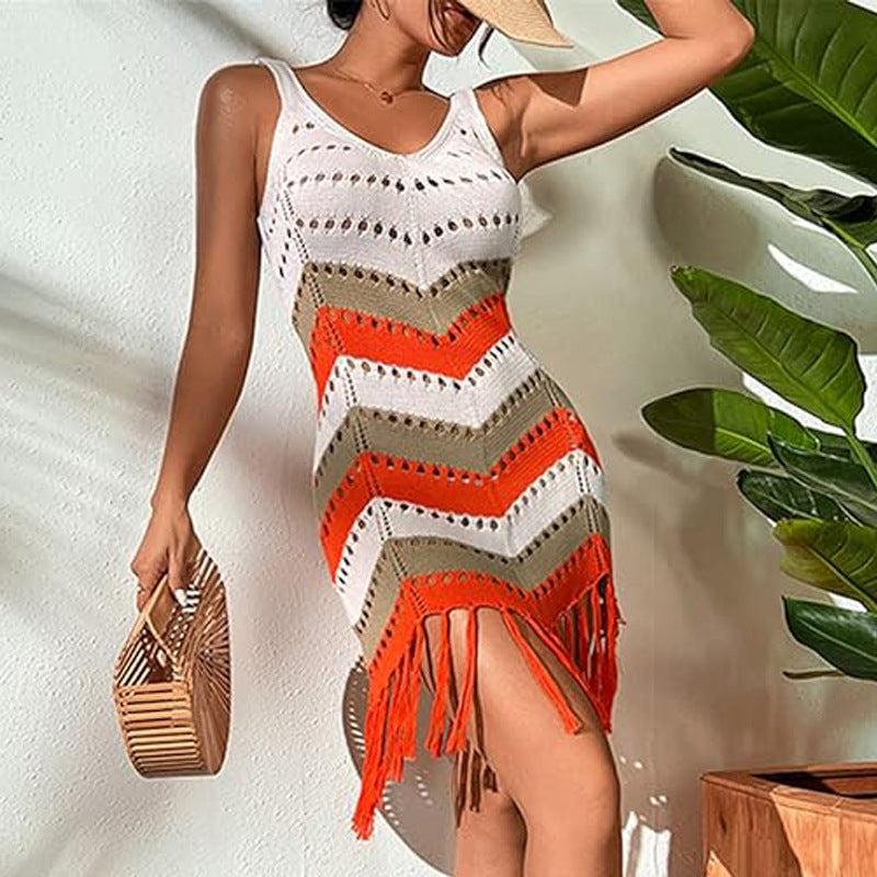Hollow Tassel Striped Knit Dress