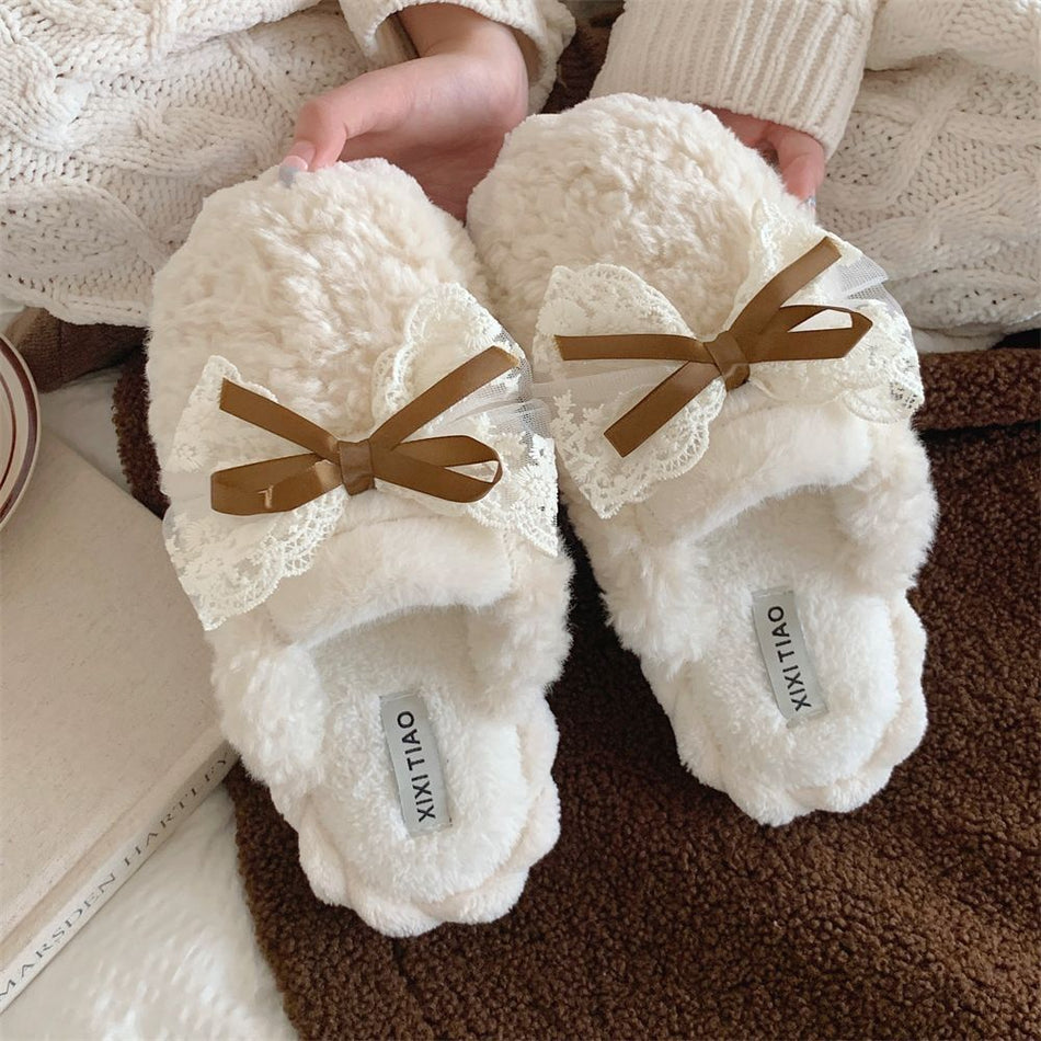 Cute Bow Plush Moon Slippers