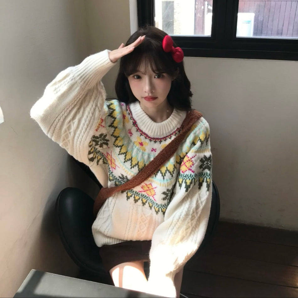 Women’s Fair Isle Lazy-Style Korean Knit Sweater