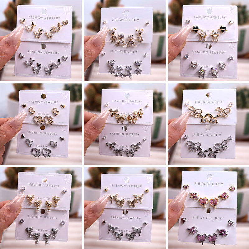 Gold Silver Zircon Trio Earring Set