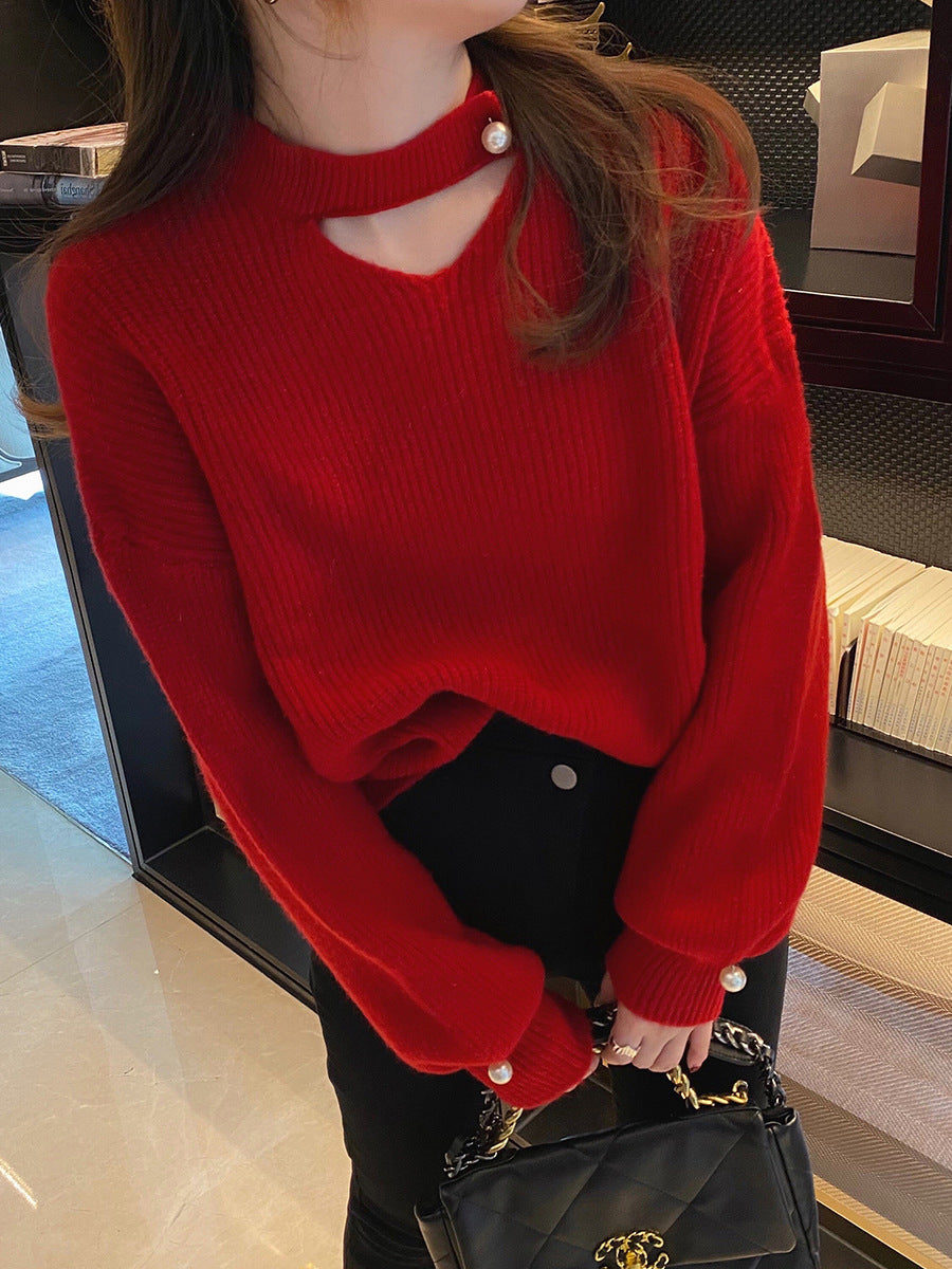 Women’s Korean-Style V-Neck Puff Sleeve Sweater