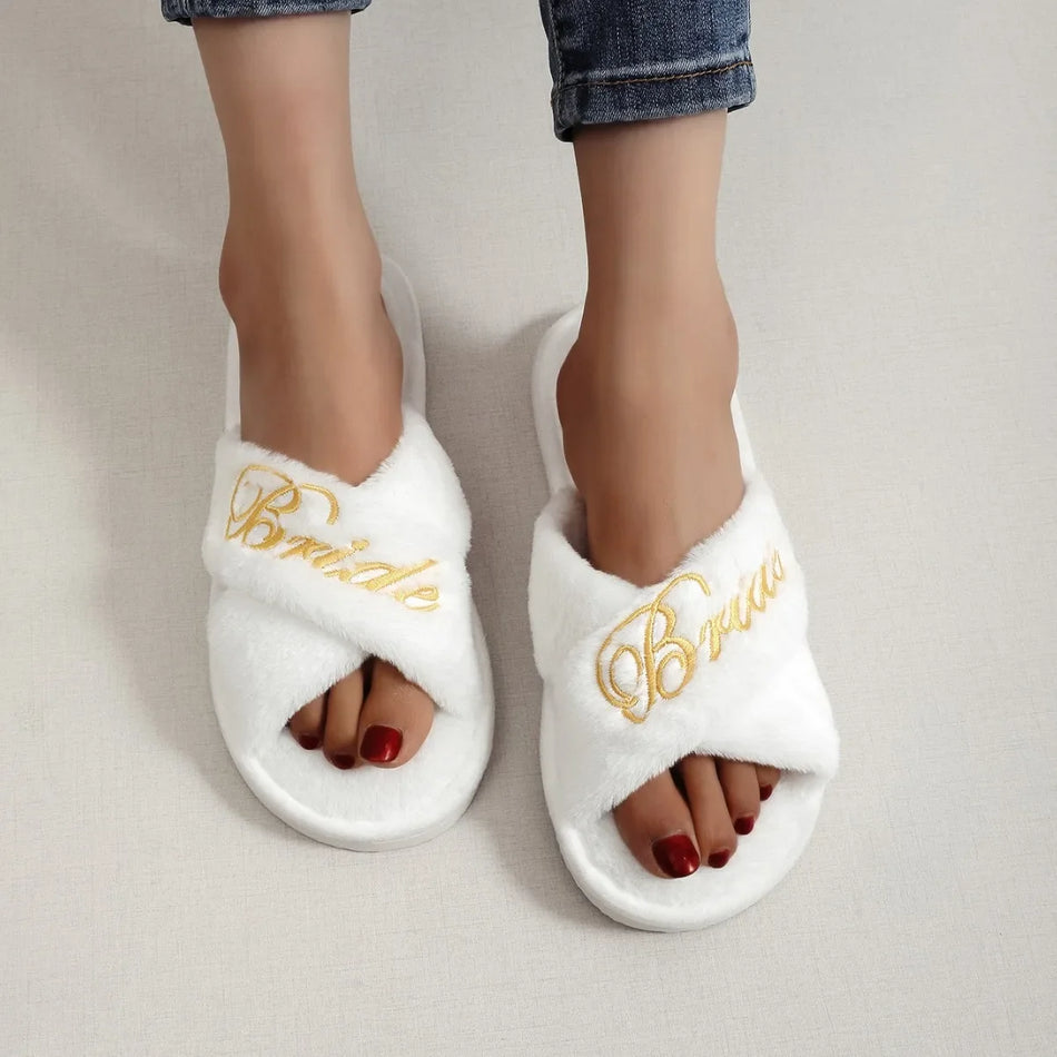 Embroidered Wool Plush Slippers