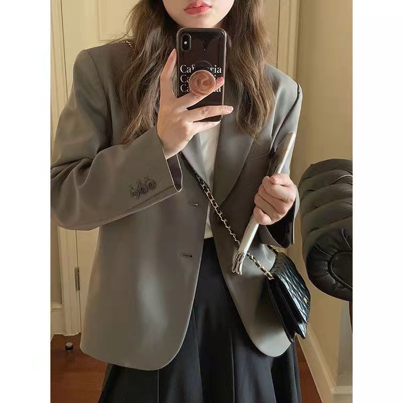 British Style Gray Short Suit Jacket for Women Casual Wear