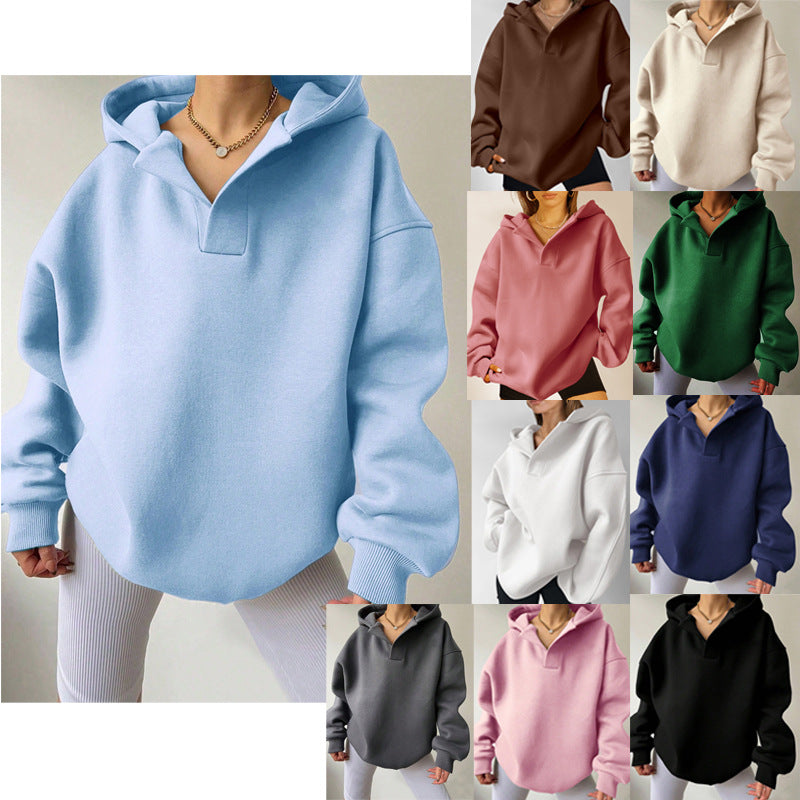 Women’s  Solid Color Loose Hooded Sweatshirt