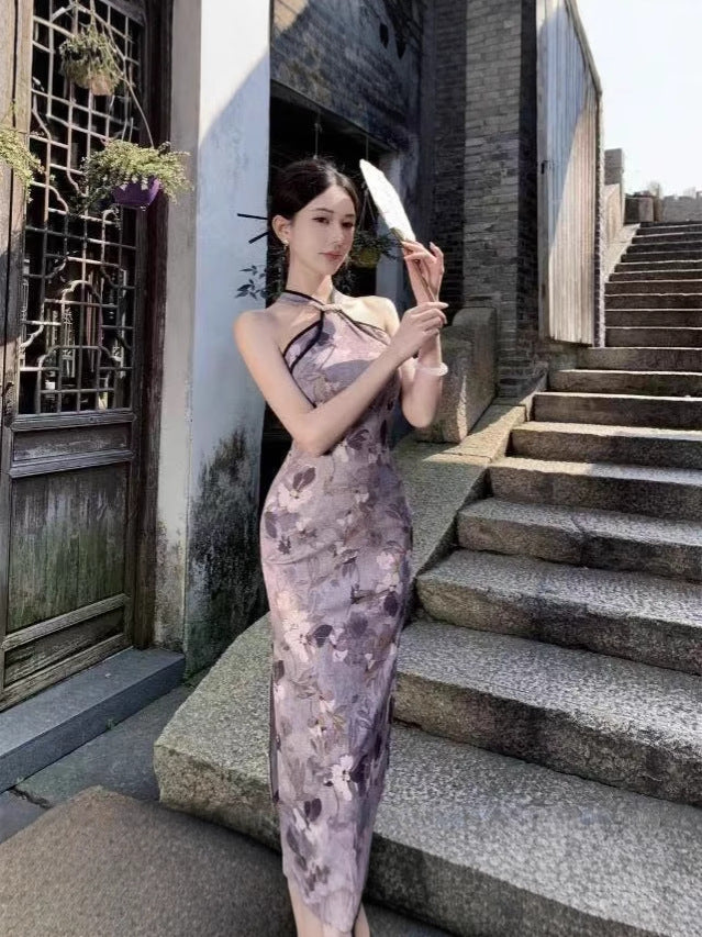 Elegant Chinese Style Halter Cheongsam Slim Split Dress