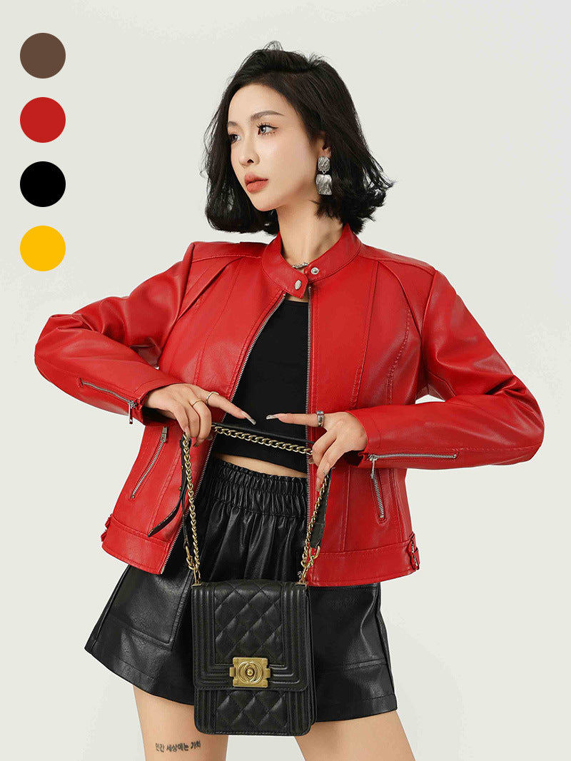 Women’s Stand Collar PU Leather Short Jacket