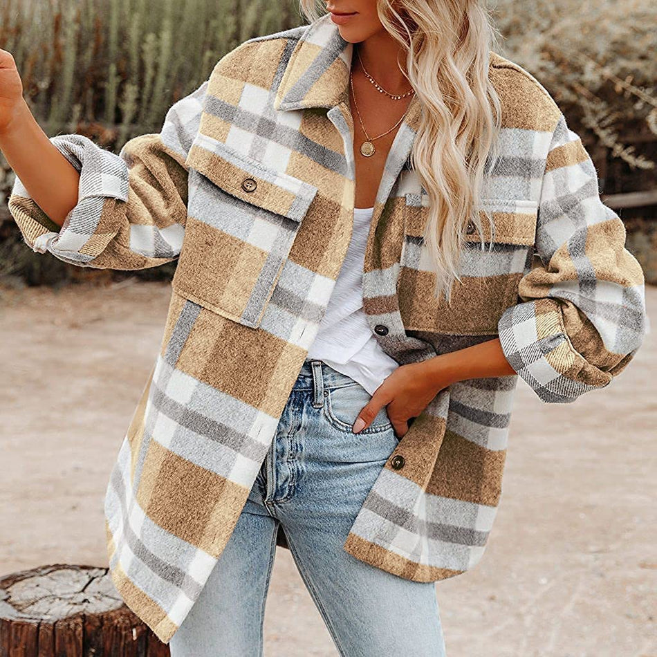 2023 Autumn Winter Women's Plaid Button Flannel Amazon Shirt