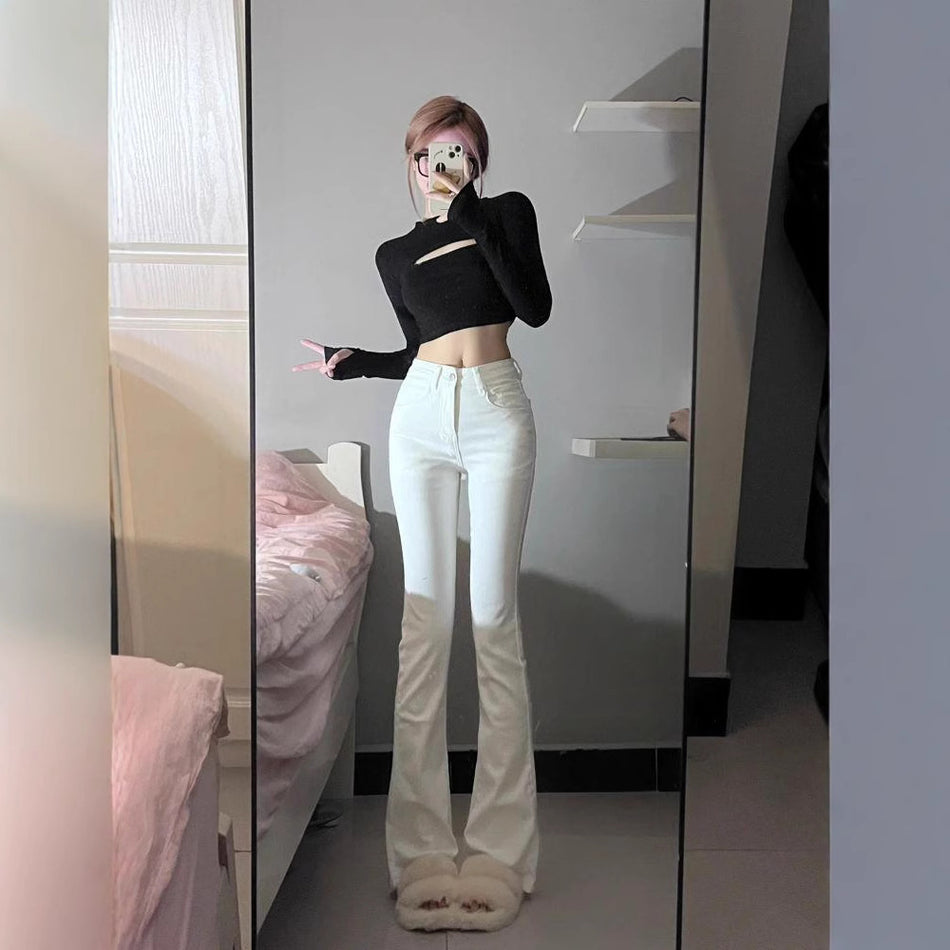 Women High Waist White Flared Jeans Stretch Bootcut Fit Pant