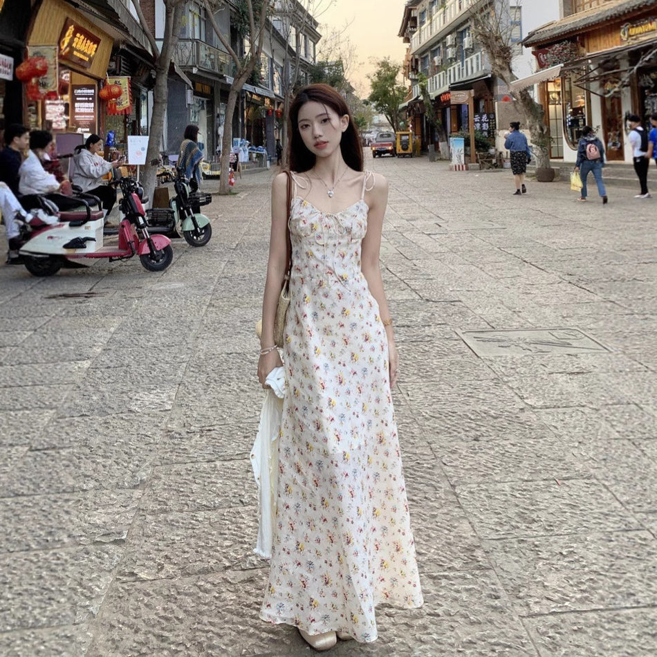 French White Floral Suspender Summer Long Dress